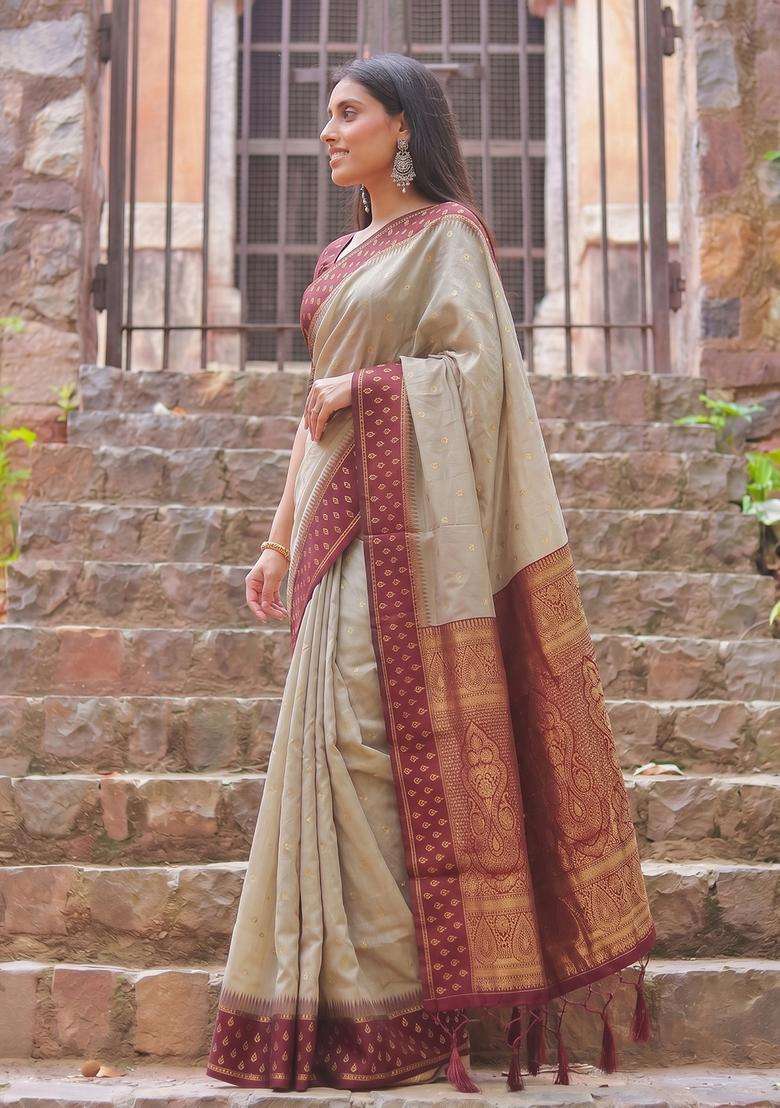 Chiku With Red Jacquard Cotton Saree Set for Diwali | Wedding & Festive Wear - Indya