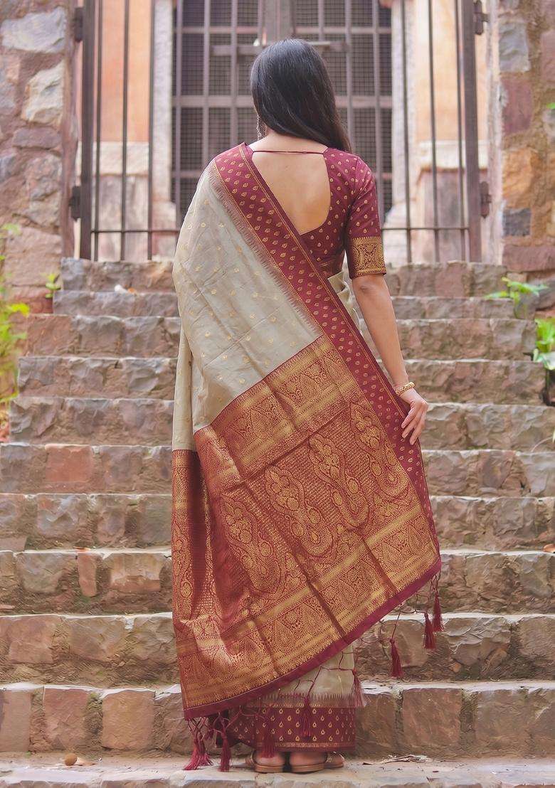 Chiku With Red Jacquard Cotton Saree Set for Diwali | Wedding & Festive Wear - Indya