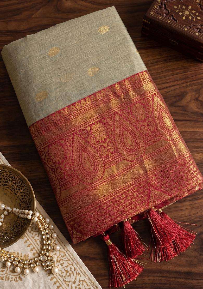 Chiku With Red Jacquard Cotton Saree Set for Diwali | Wedding & Festive Wear - Indya