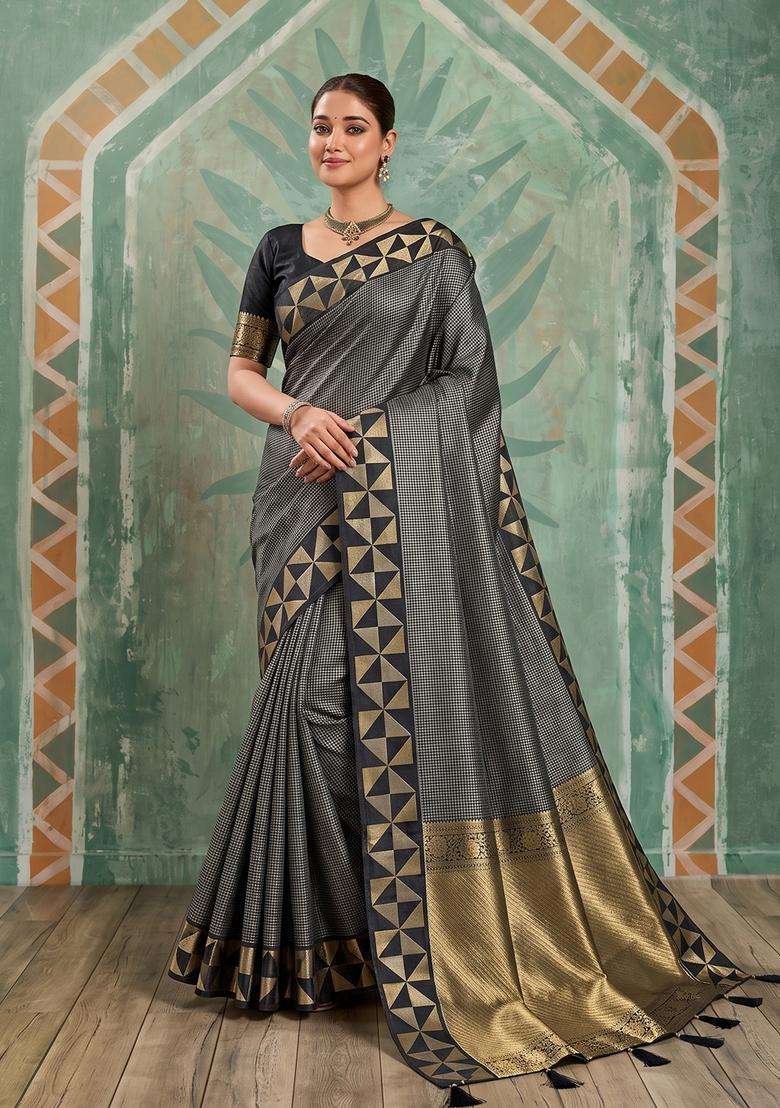 Black Jacquard Silk Saree Set for Diwali and Festive Wear - Indya