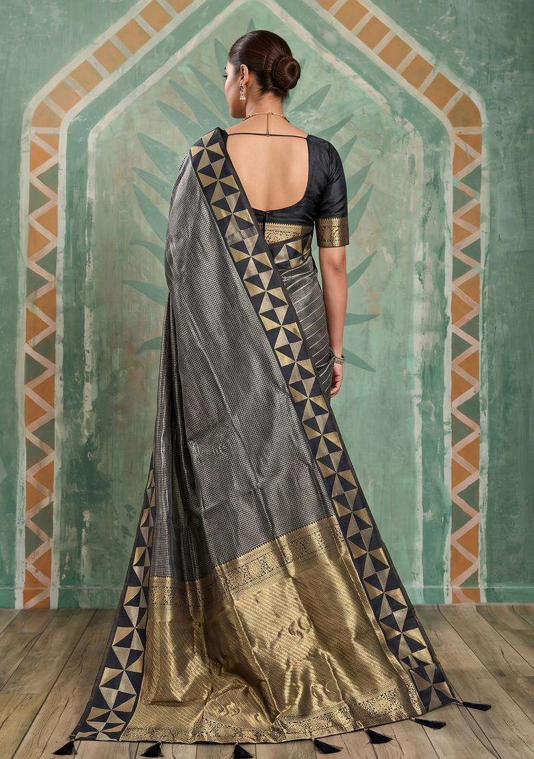 Black Jacquard Silk Saree Set for Diwali and Festive Wear - Indya
