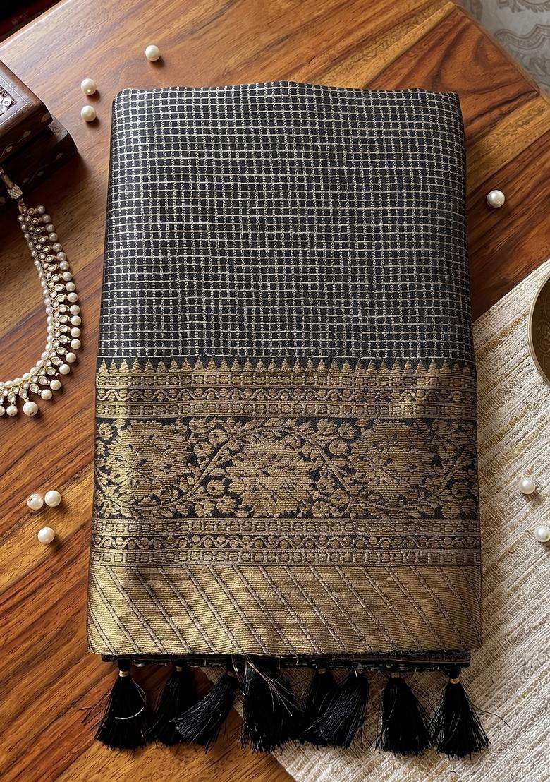 Black Jacquard Silk Saree Set for Diwali and Festive Wear - Indya