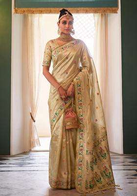 Beige Silk Jacquard Saree Set for Diwali | Wedding & Festive Wear