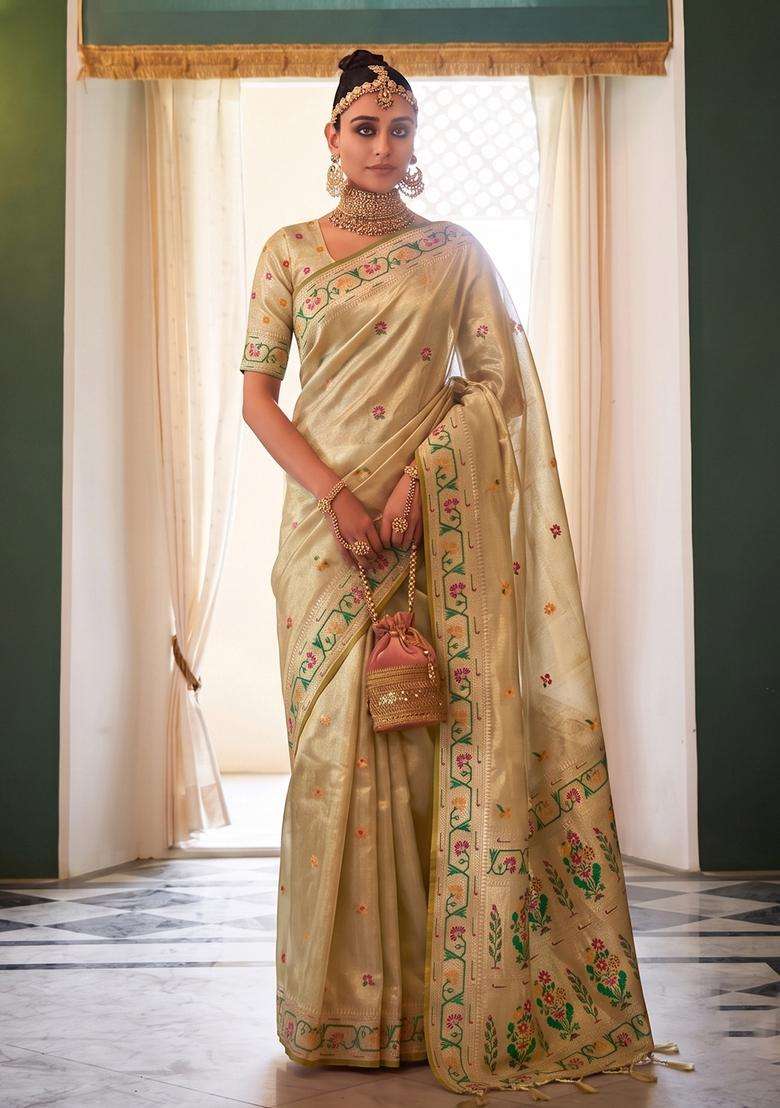Beige Silk Jacquard Saree Set for Diwali | Wedding & Festive Wear - Indya