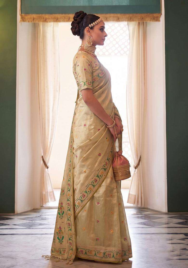 Beige Silk Jacquard Saree Set for Diwali | Wedding & Festive Wear - Indya
