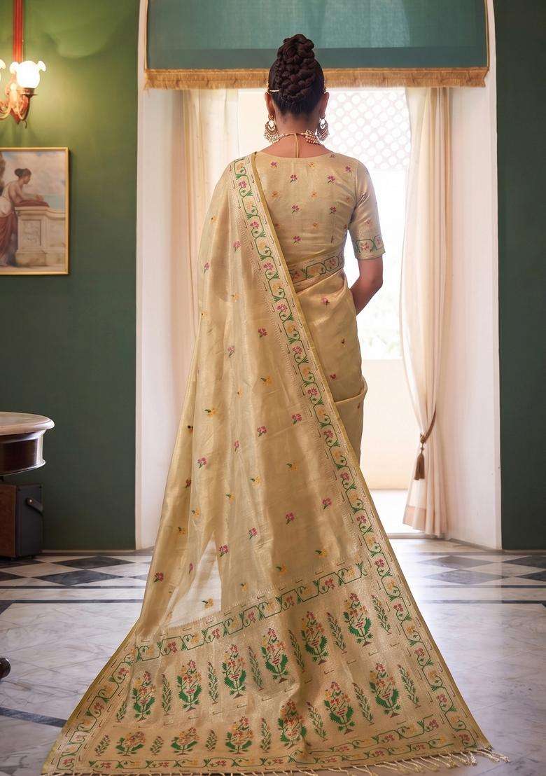 Beige Silk Jacquard Saree Set for Diwali | Wedding & Festive Wear - Indya