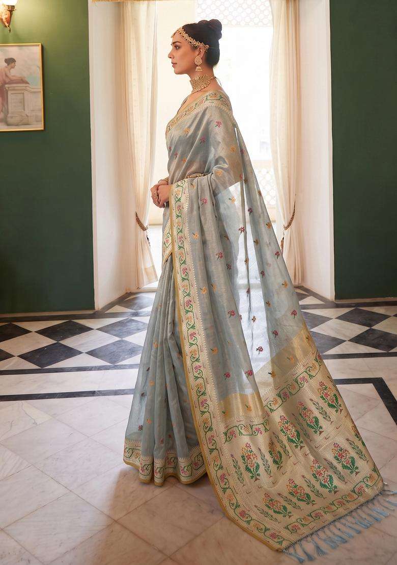 Grey Jacquard Silk Saree Set for Diwali and Festive Wear - Indya
