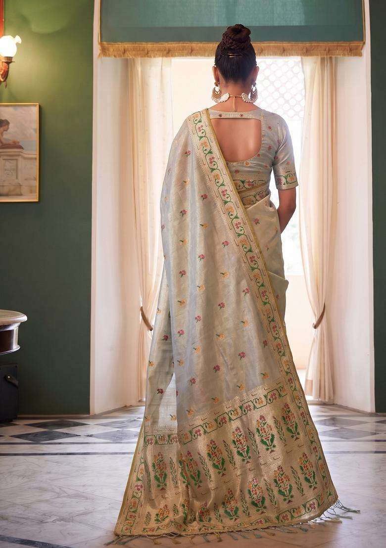 Grey Jacquard Silk Saree Set for Diwali and Festive Wear - Indya