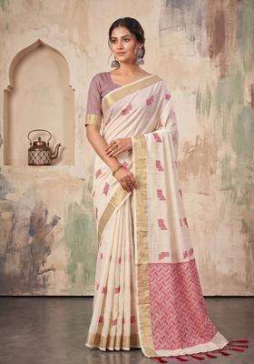 Cream Weaving Linen Saree Set for Diwali | Wedding & Festive Wear