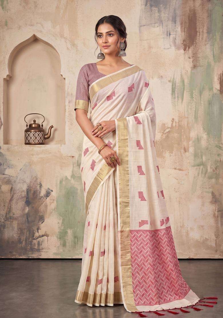 Cream Weaving Linen Saree Set for Diwali | Wedding & Festive Wear - Indya