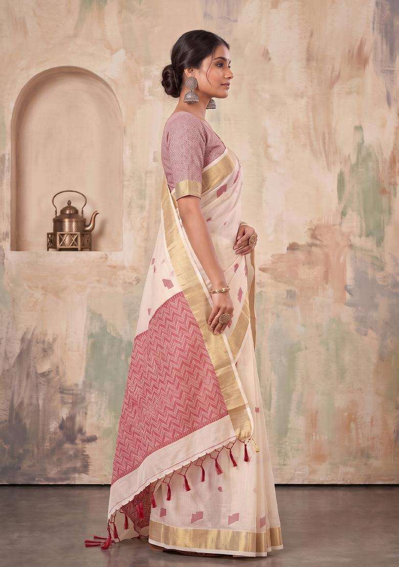 Cream Weaving Linen Saree Set for Diwali | Wedding & Festive Wear - Indya