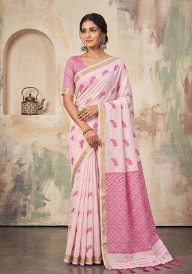 Light Pink Weaving Linen Saree Set for Diwali | Wedding & Festive Wear