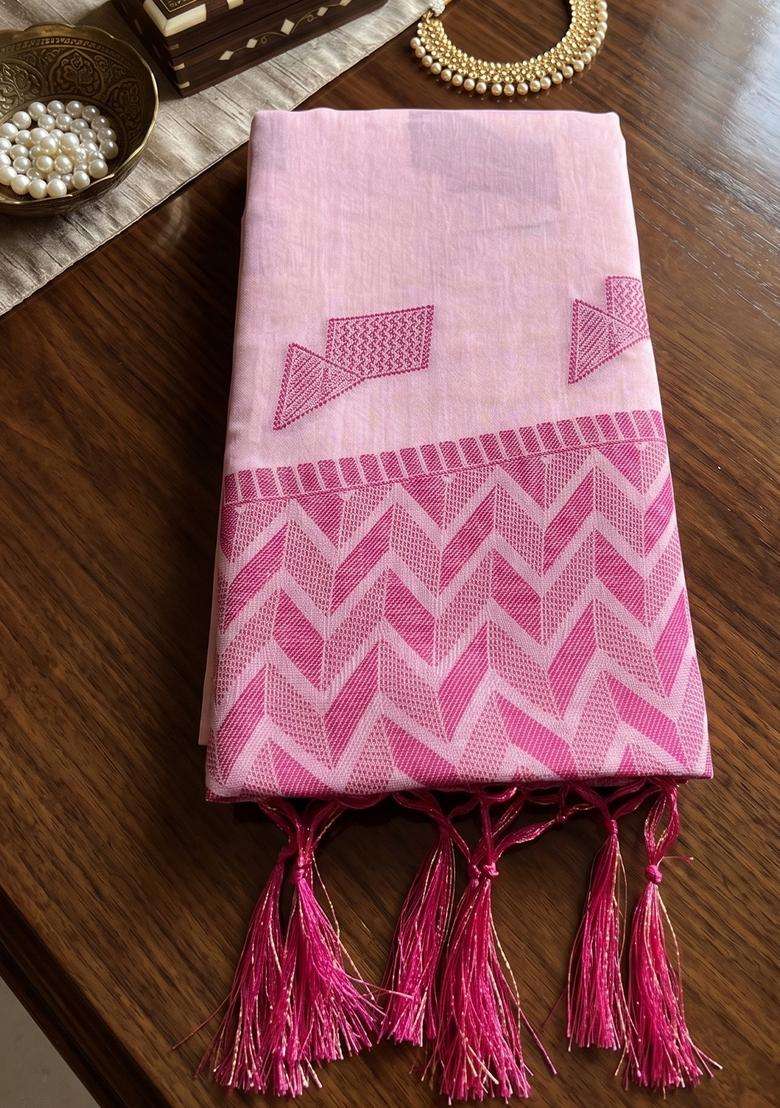 Light Pink Weaving Linen Saree Set for Diwali | Wedding & Festive Wear - Indya
