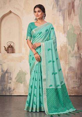 Teal Green Weaving Linen Saree Set for Diwali | Wedding & Festive Wear