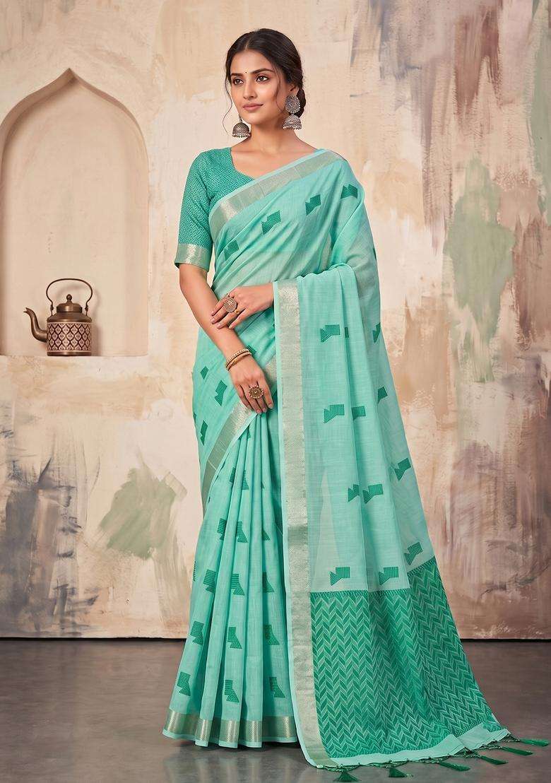 Teal Green Weaving Linen Saree Set for Diwali | Wedding & Festive Wear - Indya