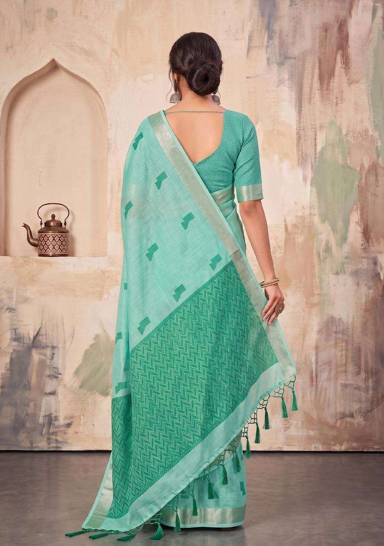 Teal Green Weaving Linen Saree Set for Diwali | Wedding & Festive Wear - Indya