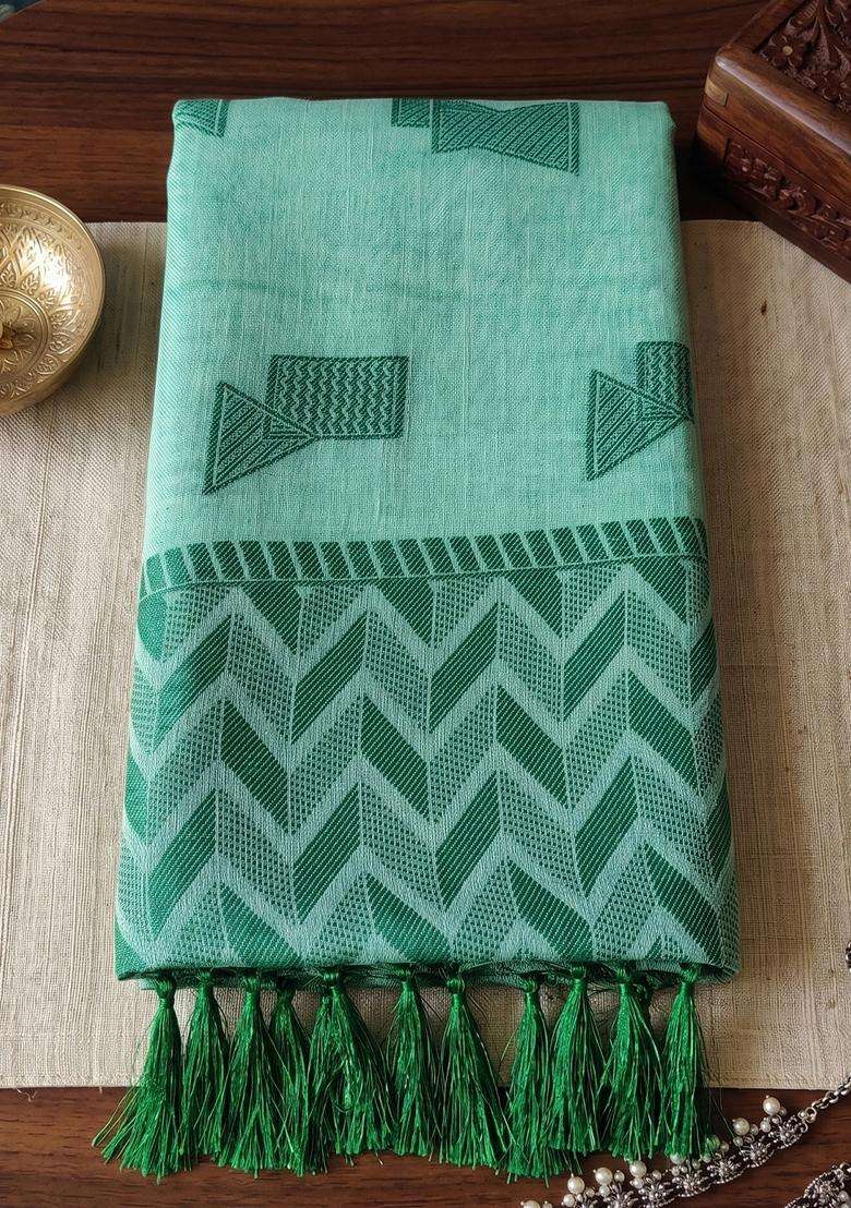 Teal Green Weaving Linen Saree Set for Diwali | Wedding & Festive Wear - Indya