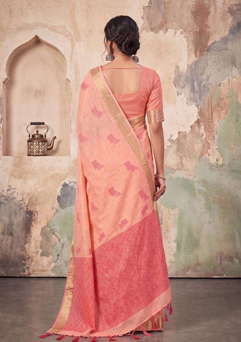 Peach Weaving Linen Saree Set for Diwali | Wedding & Festive Wear - Indya