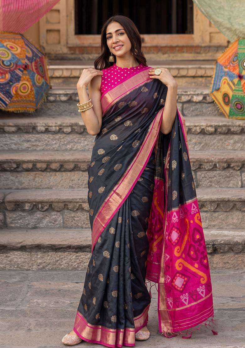 Black Silk Jacquard Saree Set for Diwali | Wedding & Festive Wear - Indya