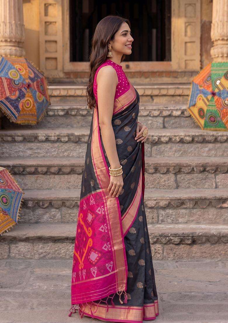 Black Silk Jacquard Saree Set for Diwali | Wedding & Festive Wear - Indya