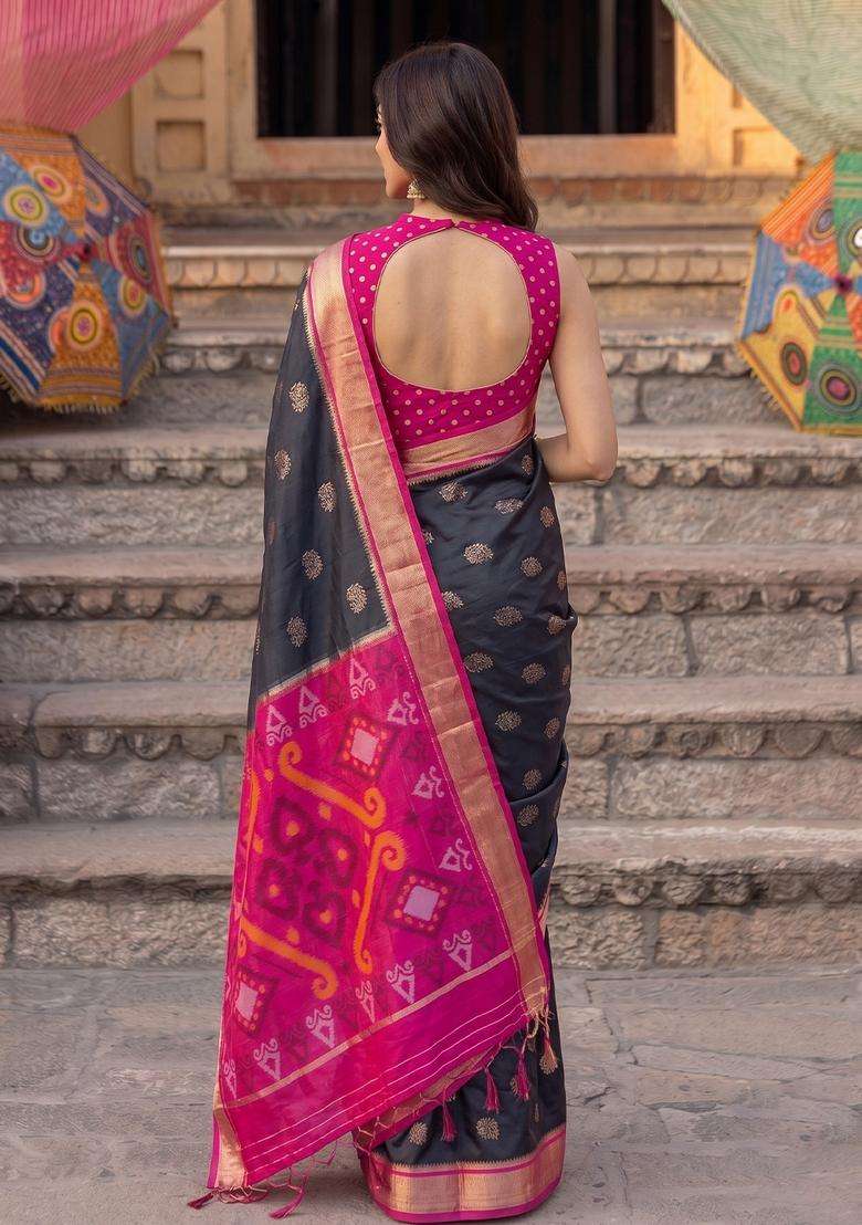 Black Silk Jacquard Saree Set for Diwali | Wedding & Festive Wear - Indya