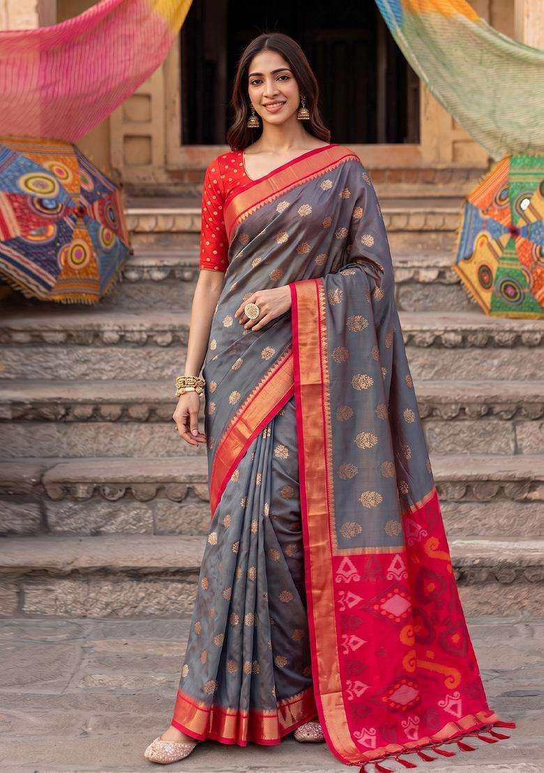 Grey Jacquard Silk Saree Set for Diwali and Festive Wear - Indya