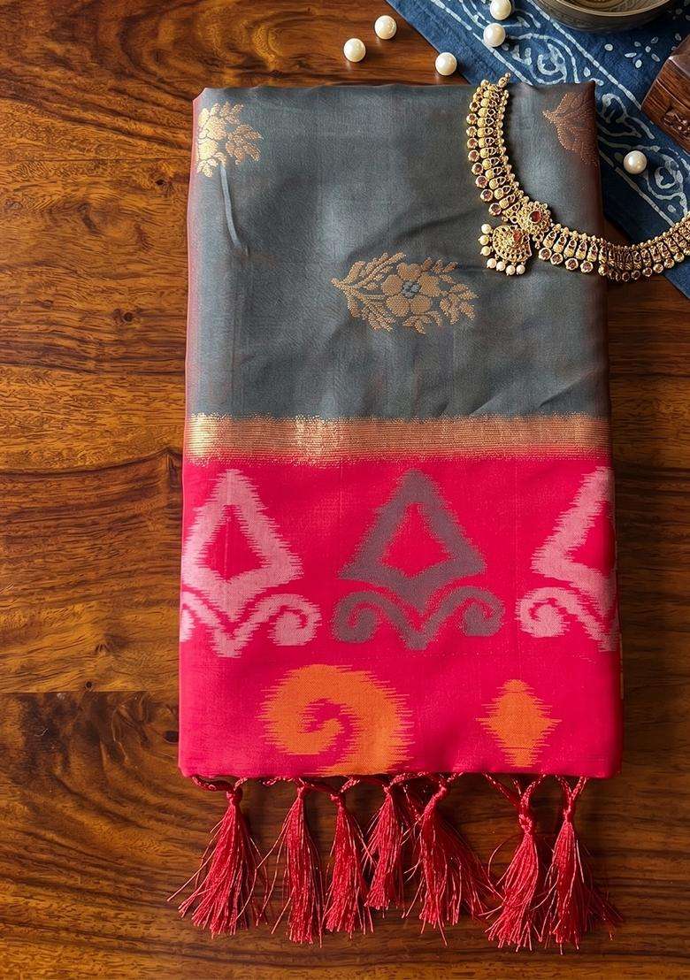 Grey Jacquard Silk Saree Set for Diwali and Festive Wear - Indya
