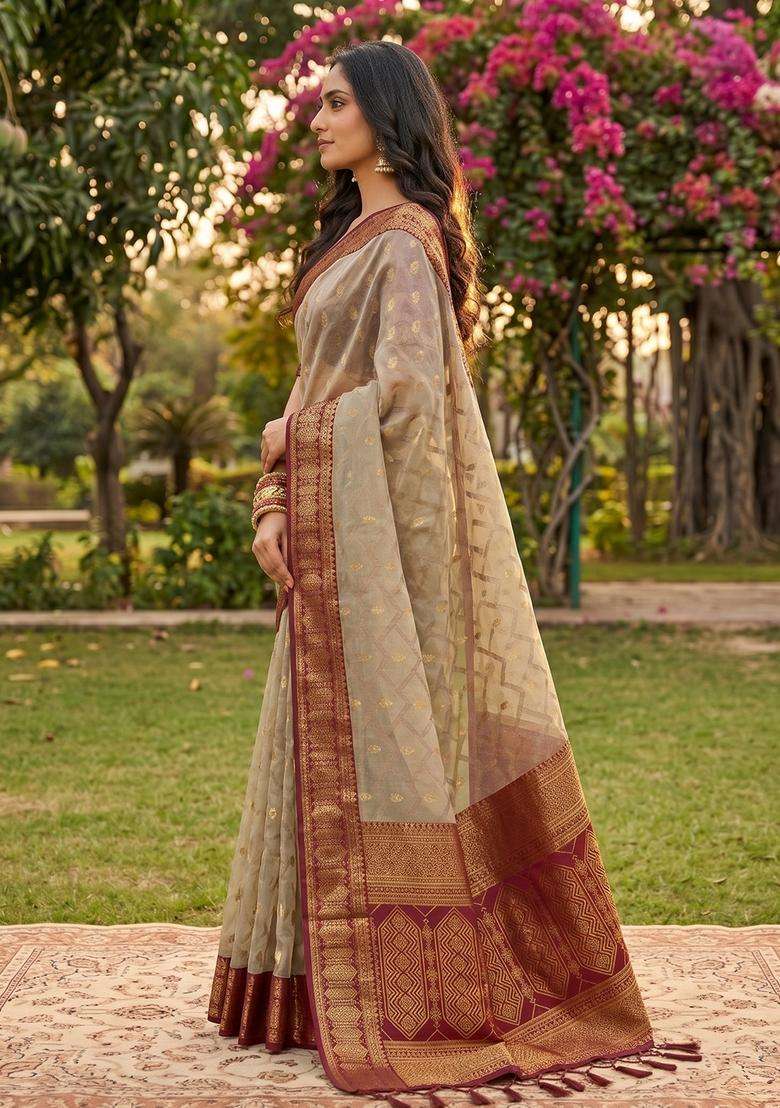 Chiku With Red Jacquard Cotton Saree Set for Diwali and Festive Wear - Indya