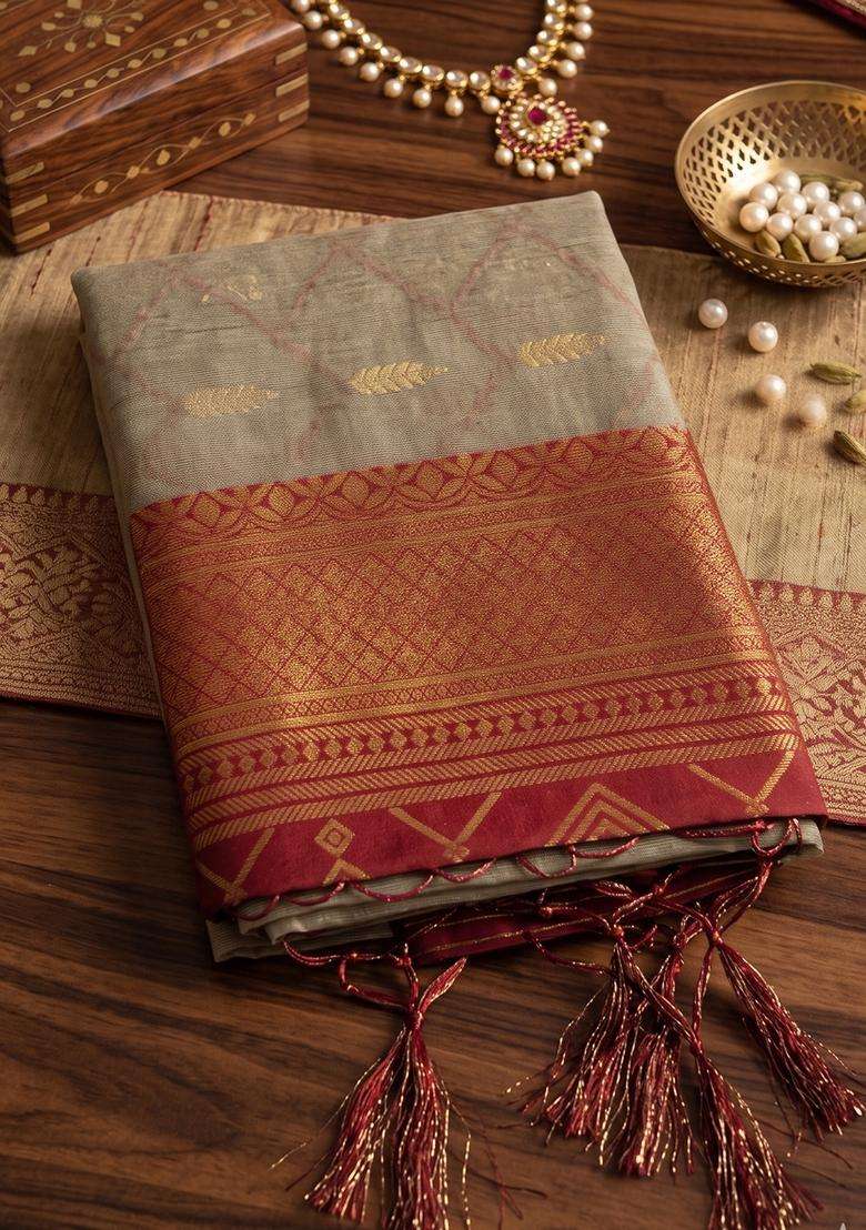 Chiku With Red Jacquard Cotton Saree Set for Diwali and Festive Wear - Indya
