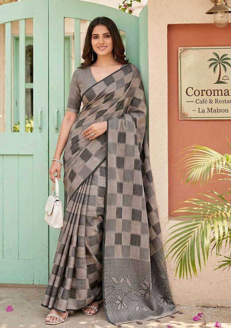 Brown Weaving Cotton Saree Set for Diwali and Festive Wear - Indya