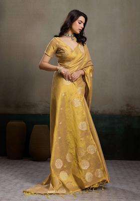 Beige Jacquard Silk Saree Set for Diwali and Festive Wear
