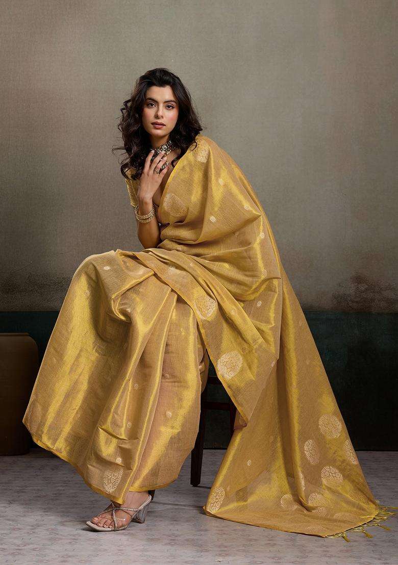 Beige Jacquard Silk Saree Set for Diwali and Festive Wear - Indya