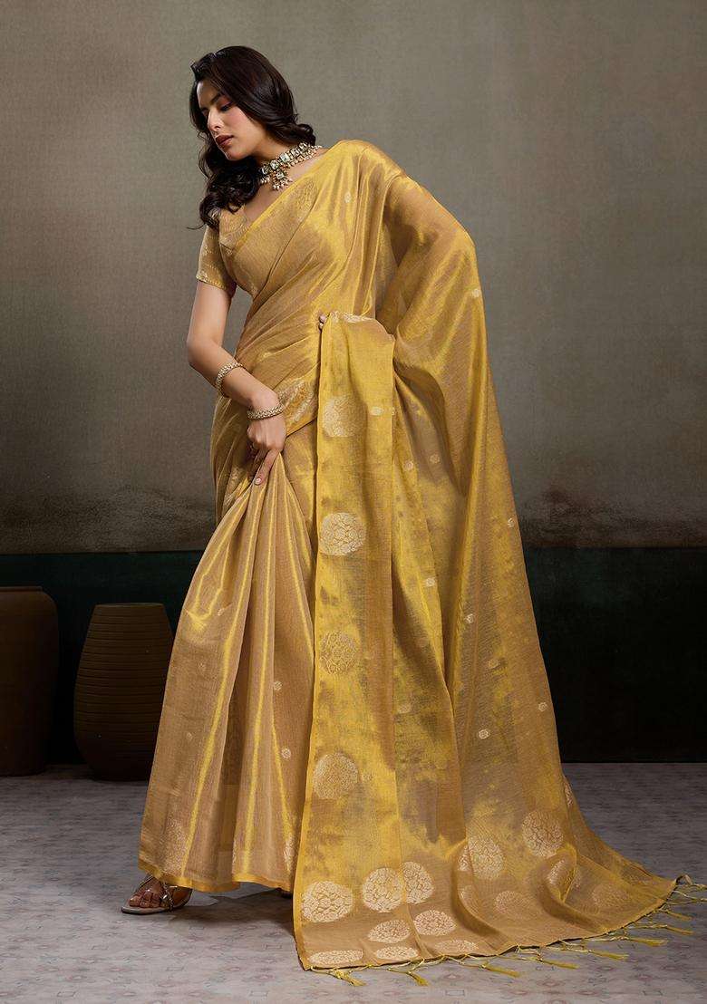 Beige Jacquard Silk Saree Set for Diwali and Festive Wear - Indya
