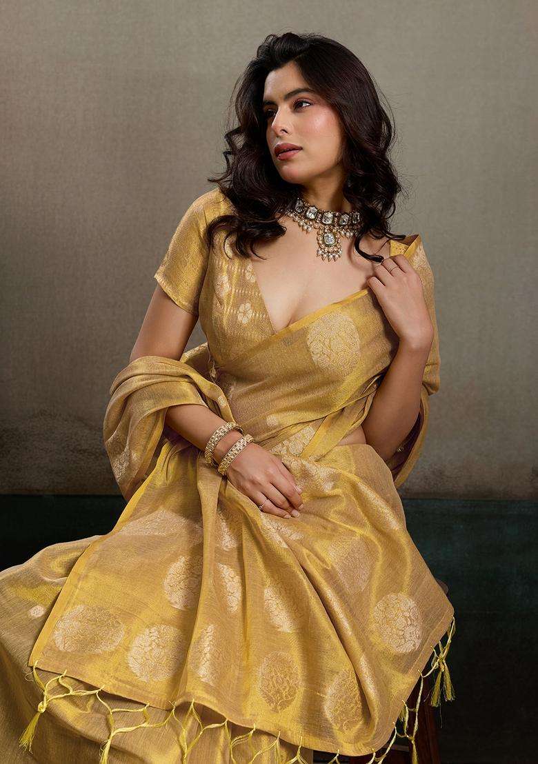 Beige Jacquard Silk Saree Set for Diwali and Festive Wear - Indya
