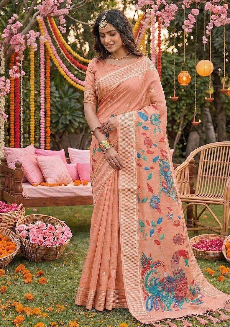 Peach Weaving Cotton Saree Set for Diwali and Festive Wear - Indya