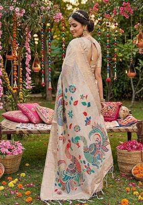 Cream Weaving Cotton Saree Set for Diwali and Festive Wear