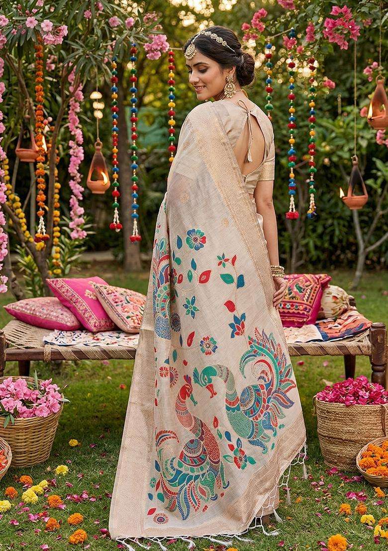 Cream Weaving Cotton Saree Set for Diwali and Festive Wear - Indya
