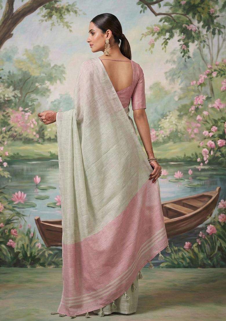 Silver Silk Jacquard Saree Set for Diwali | Wedding & Festive Wear - Indya