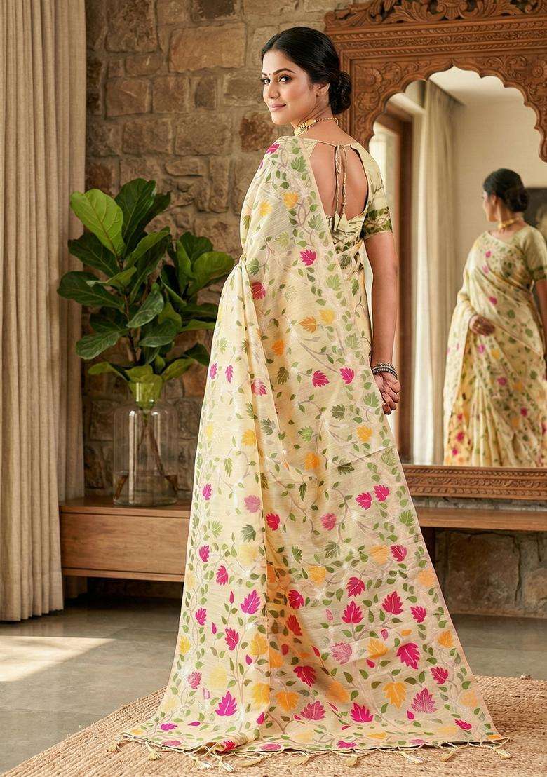 Cream Weaving Cotton Saree Set for Diwali and Festive Wear - Indya
