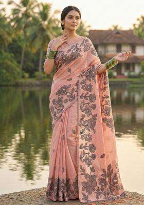 Peach Weaving Cotton Saree Set for Diwali and Festive Wear
