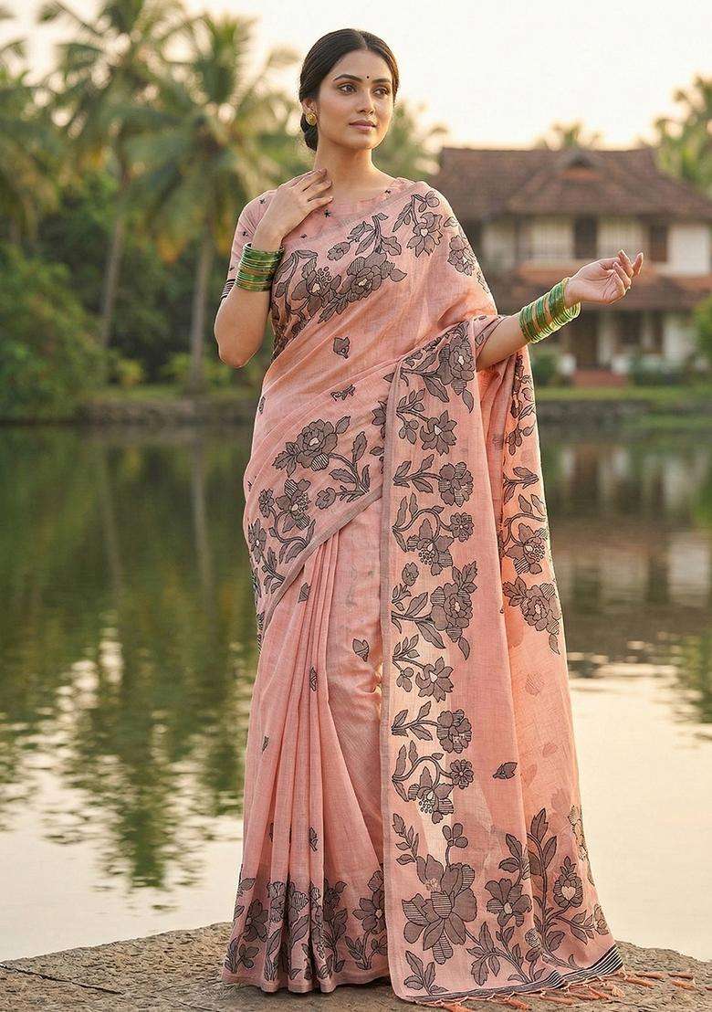 Peach Weaving Cotton Saree Set for Diwali and Festive Wear - Indya