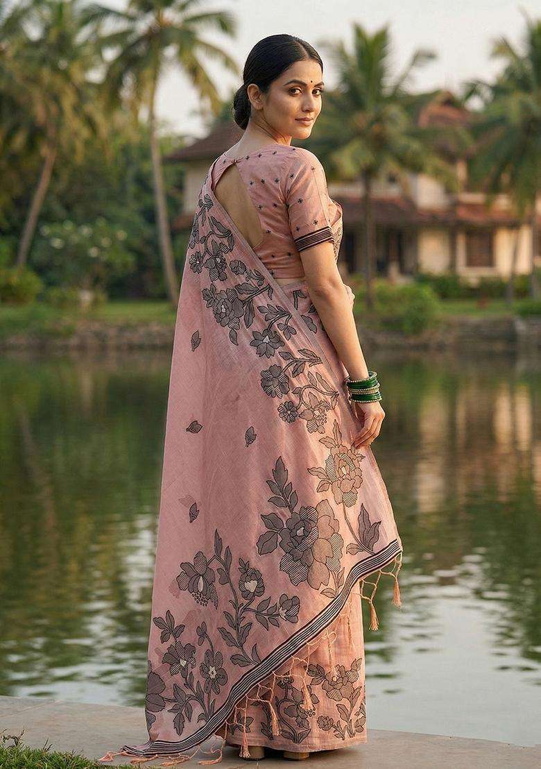 Peach Weaving Cotton Saree Set for Diwali and Festive Wear - Indya