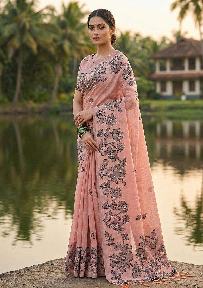 Peach Weaving Cotton Saree Set for Diwali and Festive Wear - Indya