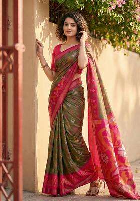 Olive Green Jacquard Silk Saree Set for Diwali and Festive Wear