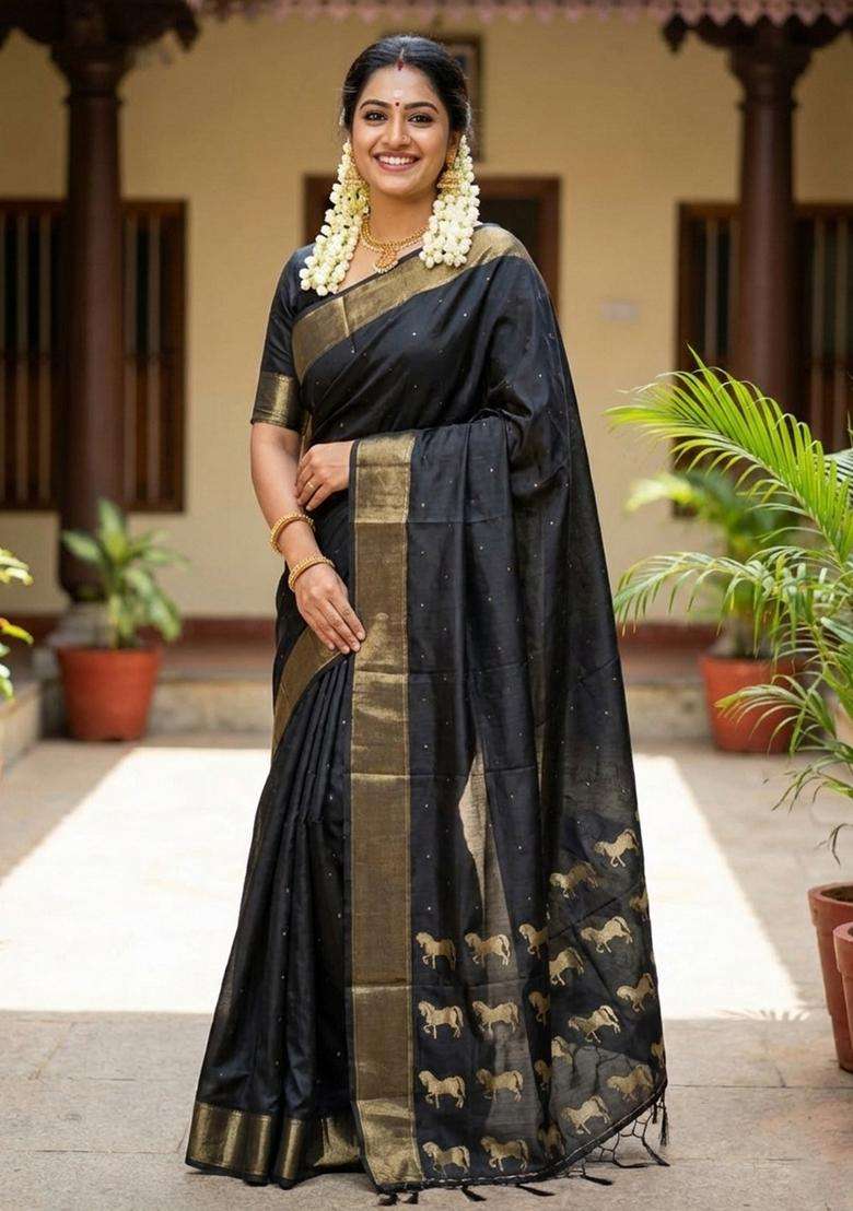 Black Jacquard Silk Saree Set for Diwali and Festive Wear - Indya