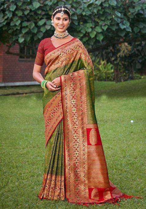 Mehendi Golden Jacquard Silk Saree Set for Diwali and Festive Wear