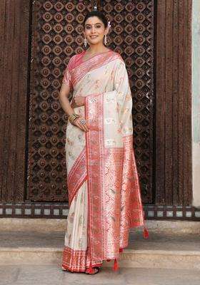 White Jacquard Silk Saree Set for Diwali and Festive Wear
