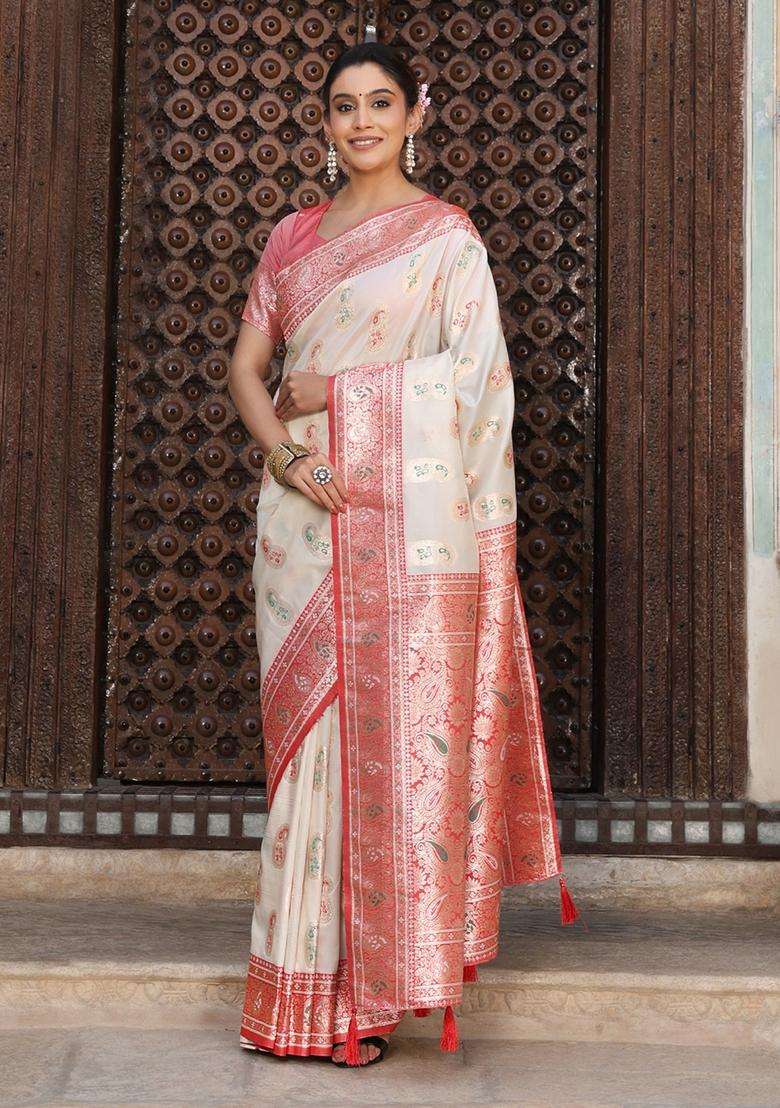 White Jacquard Silk Saree Set for Diwali and Festive Wear - Indya
