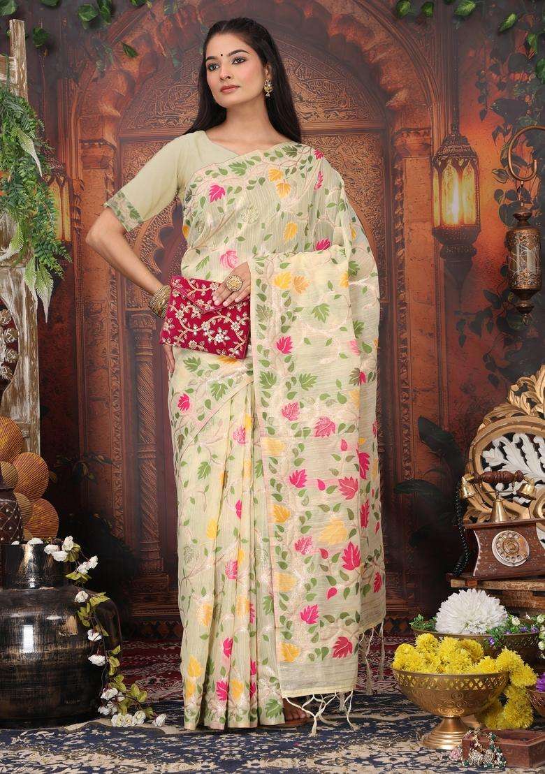 Cream Weaving Cotton Saree Set for Diwali | Wedding & Festive Wear - Indya