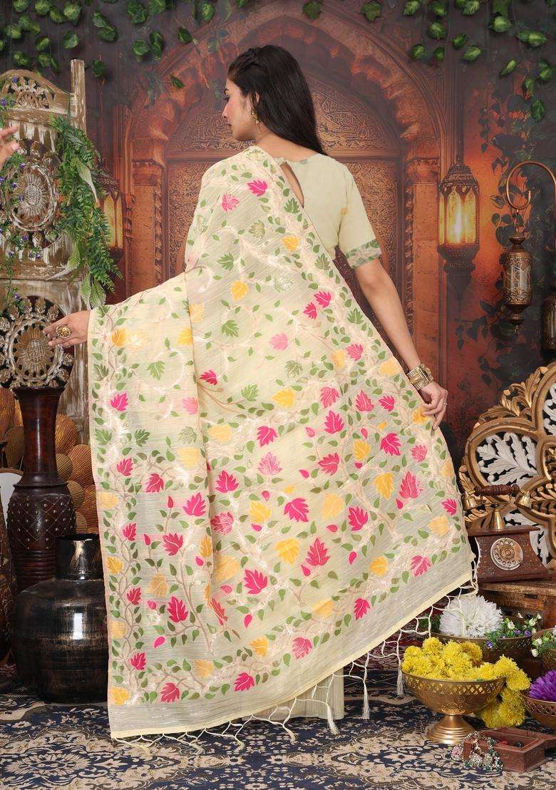 Cream Weaving Cotton Saree Set for Diwali | Wedding & Festive Wear - Indya